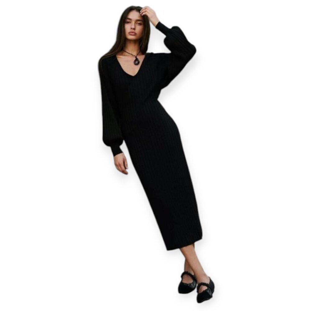 Free People Rosha Ribbed Sweater Midi Dress Balloon Sleeve V Neck Black XS Knit